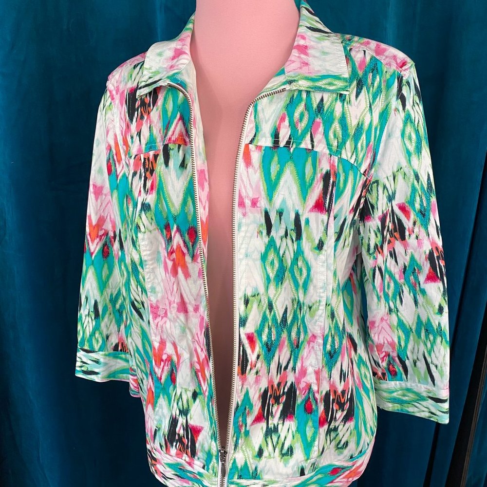 Chico's Ikat Print Zip Up Lightweight Jacket in Multi - Picture 2 of 9